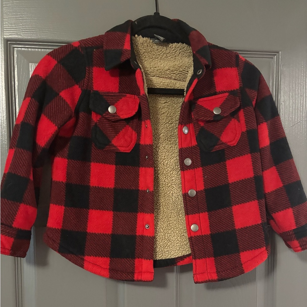 Eddie Bauer boys buffalo plaid fleece sherpa lined shacket size 4/5
